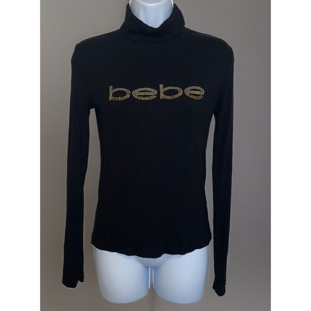 Bebe (Medium) Retro Black Ribbed Rhinestone Logo Turtleneck Long Sleeve Blouse